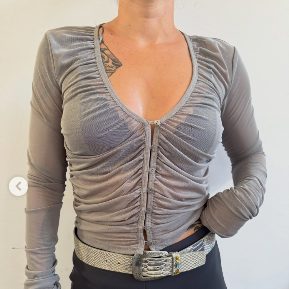 ZARA Y2K Style Gray Sheer Mesh / Draped Tulle Ruched Cardigan Top Long Sleeve-M